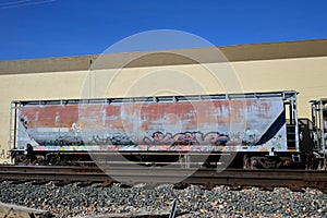 Abandoned rusty train car graffiti