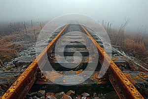 Rusty Train Tracks Vanishing Into a Foggy Horizon The rails blur with the journey