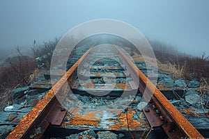 Rusty Train Tracks Vanishing Into a Foggy Horizon The rails blur with the journey