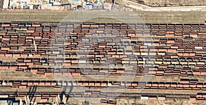 Rusty train wagons from above