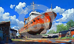 Rusty Shipyard Under Blue Skies