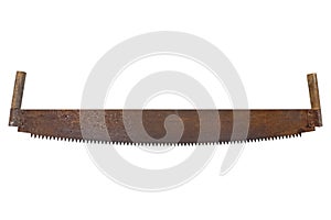 Rusty two man saw vintage hand tool crosscut. isolated on a white background