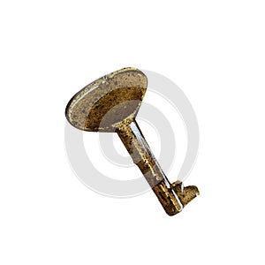 Rusty vintage metal brass key isolated on white background. Watercolor hand draw realistic illustration. Art for design