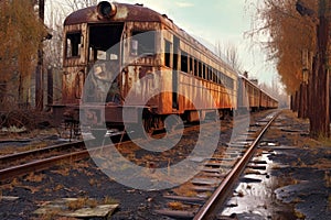 rusty vintage train on abandoned tracks