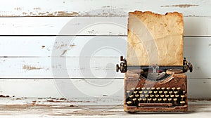 Rusty vintage typewriter with aged paper, against a white wooden backdrop.