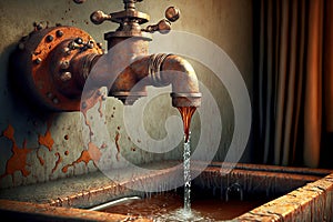 rusty water flows from unusual tap into crowded sink