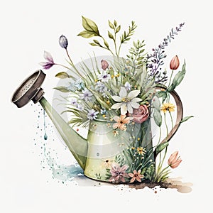 Rusty Watering Can and Spring Flowers in Bloom AI Generated