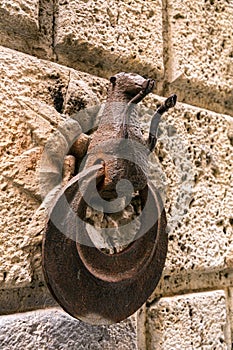 Rusty and weathered metal horse hitching ring on a wall of an old building in Siena, Italy