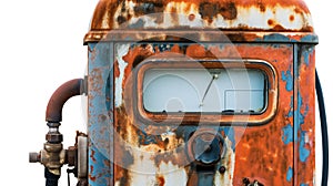 Rusty, weathered vintage gas pump with peeling paint and a faded gauge, showcasing industrial decay