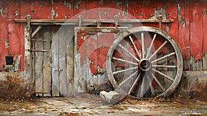 a rusty wheel sitting outside a barn door and a house