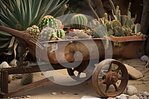 Rusty wheelbarrow with cactuses. Generate ai