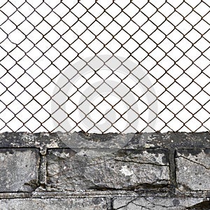 Rusty wire mesh fence, dark white grey fine brick wall texture background, vertical isolated old aged weathered rusted iron,