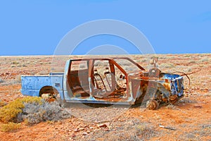 Rusty wrecked car decay desert, South Australia