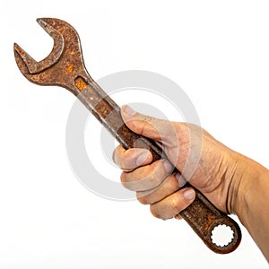 Rusty wrench held in hand photo