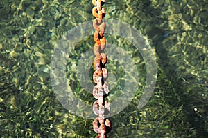 Rustying chain, blue trasparent water, natural background