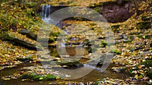 Rusyliv Falls, waterfalls cascade on a small stream tributary of Stripa natural monument of local importance.Southeast