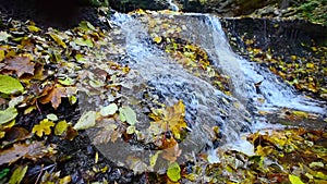 Rusyliv Falls, waterfalls cascade on a small stream tributary of Stripa natural monument of local importance.Southeast