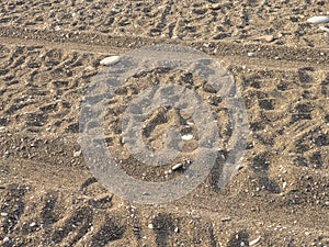 Rut in the sand. Tracks from car wheels on the beach. Sand and stones