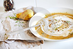 Rutabaga sweet potato soup with pears, cream and maple syrup