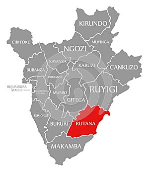 Rutana red highlighted in map of Burundi