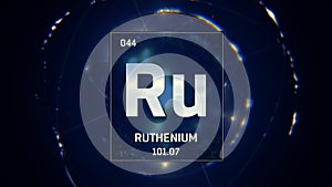 Ruthenium as Element 44 of the Periodic Table 3D illustration on blue background