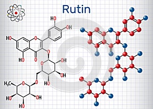 Rutin molecule vitamin P. Structural chemical formula and mole