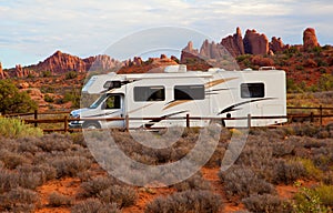 RV against red rock formation