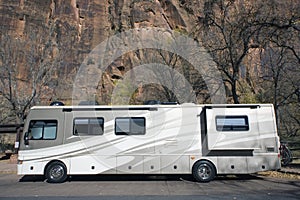 RV against rock formation