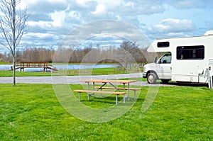 RV camper in camping, family vacation travel, holiday trip in motorhome caravan