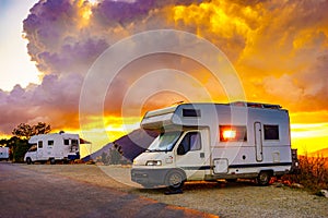 Rv camper in mountains at sunset, France