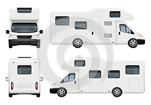 Rv camper. Realistic family camping trailer for travelling and have a rest car back top and front sides view vector set photo