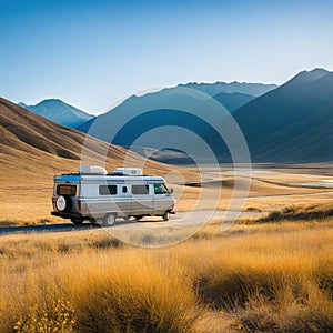 RV Camper Van Life in the Wild Camping in Grassy Field with Mountain Valley Views