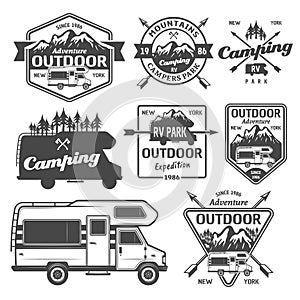 RV camping, outdoor recreation vector emblems photo