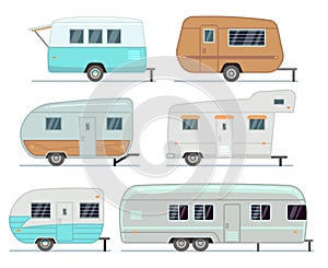 Rv camping trailers, travel mobile home, caravan vector set isolated