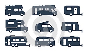 RV cars, recreational vehicles, camper vans icon set