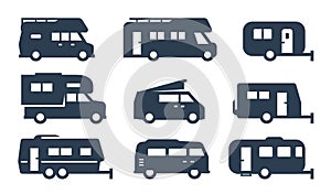 RV cars, recreational vehicles, camper vans icon set photo