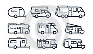 RV Cars, Recreational Vehicles, Camper Vans in Outline Style