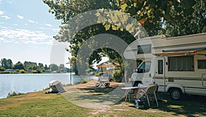 RV parked by lake, surrounded by water, trees and grass, under the vast sky