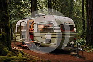 An RV is parked in a wooded area, its door wide open inviting exploration and adventure, A vintage camper vehicle turned into a