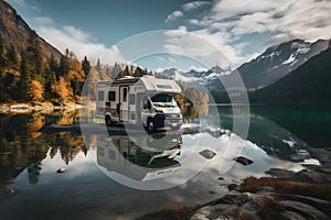 RV recreation vehicle parked next to lake during summer time