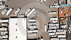 RV Trailer Park, Top Down Aerial View. Mobile Homes, Sunny Day, High Angle Drone