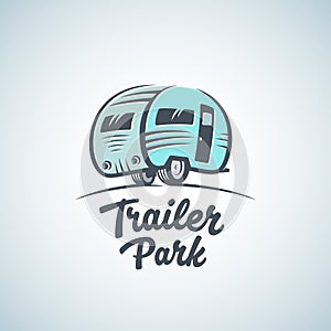 RV, Van or Trailer Park Vector Logo Template. Silhouette Tourism Icon. Label with Retro Typography.