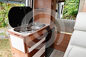 Rv vehicle interior kitchen view of motorhome modern camper van