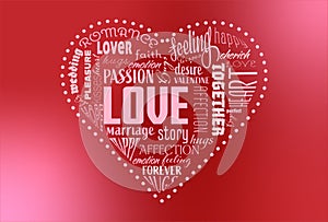 RVB de base, Heart shaped word cloud, containing words related to Valentine`s Day