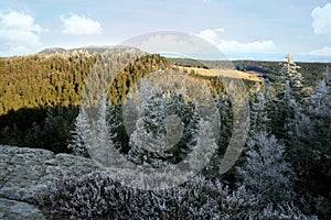 RView from Naroznik on the Skalniak massif. Lookout in the Table Mountains  Gory Stolowe , National Park, popular tourist attrac