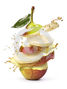 RW Pear shatters with juice on a white background