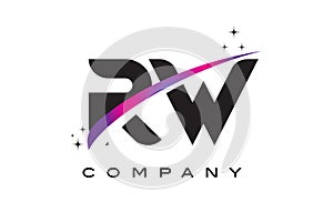 RW R W Black Letter Logo Design with Purple Magenta Swoosh