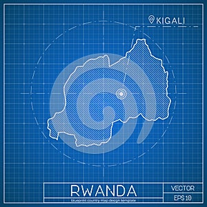 Rwanda blueprint map template with capital city.