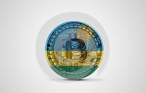 Rwanda flag on a bitcoin cryptocurrency coin. 3D Rendering