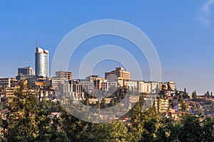 Rwandan capital downtown ladscape with living houses and busines